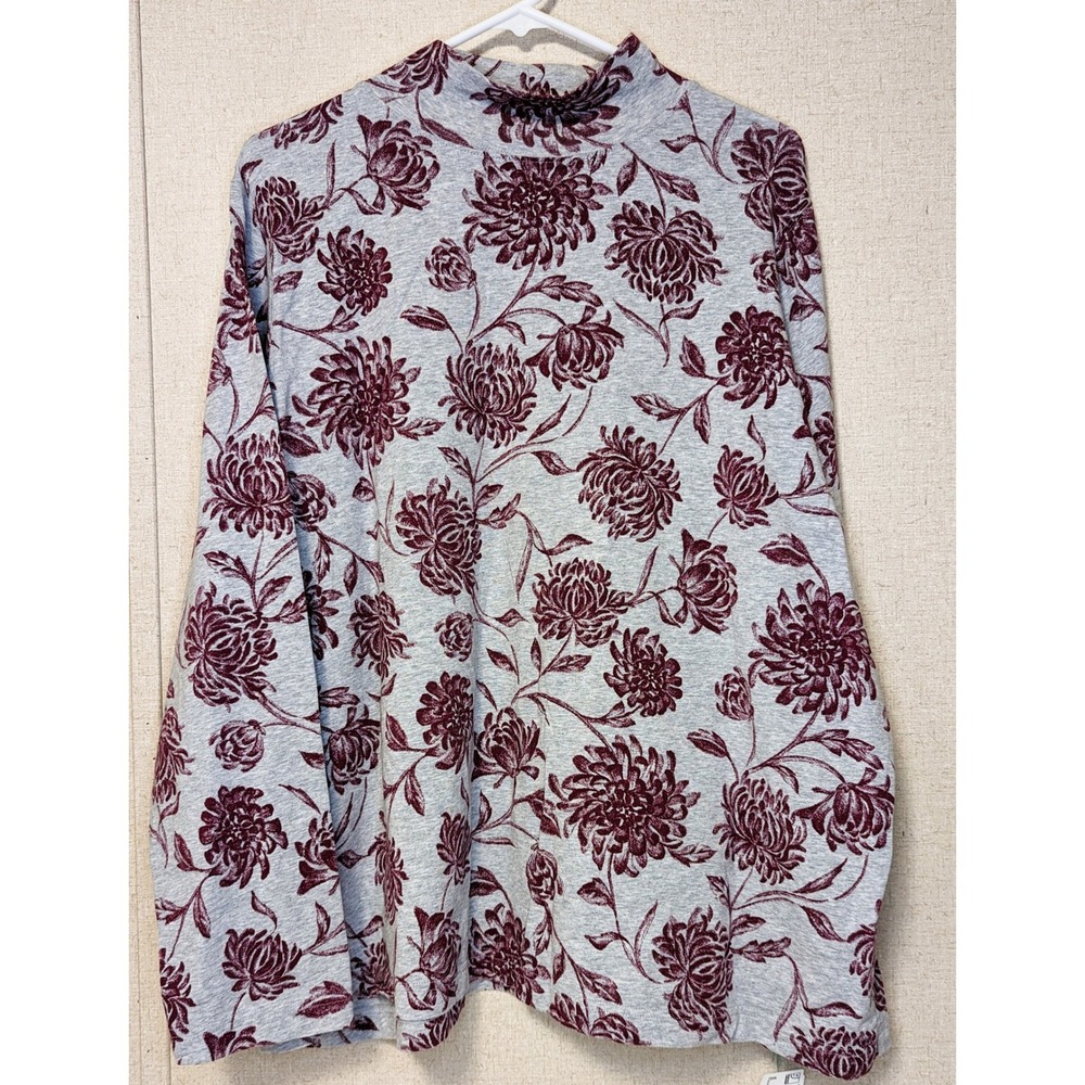 Womens Floral Mock Neck Long Sleeve Top Grey Burgundy Chrysanthemum Print
